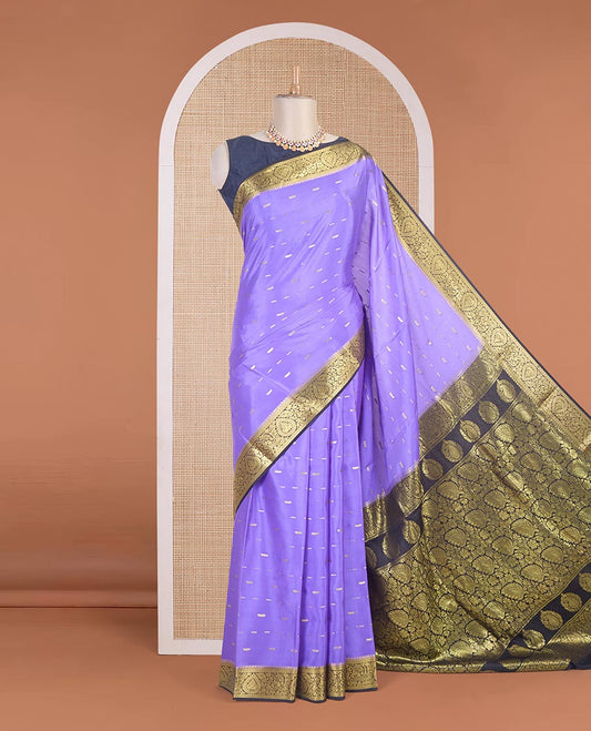 Violet zari buttas Mysore silk saree, contrast floral zari border & pallu of floral design