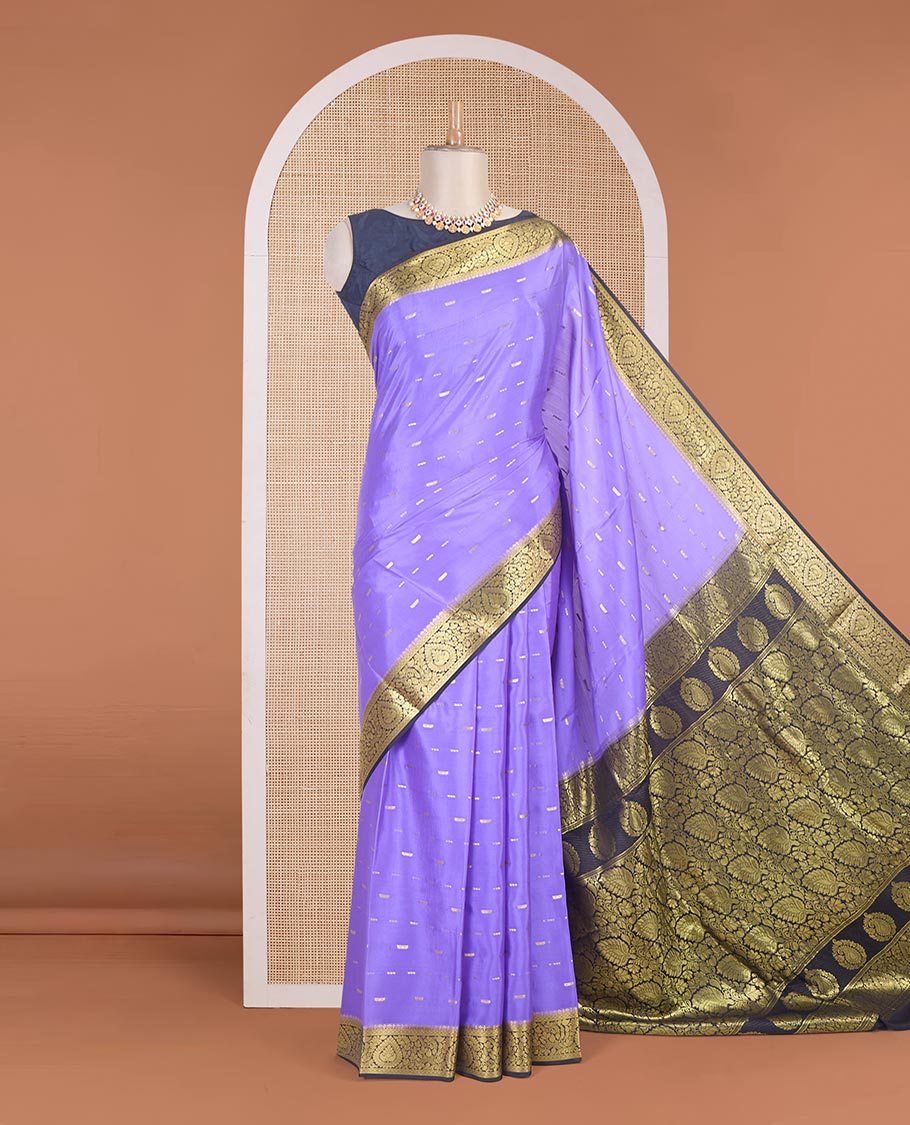 Violet zari buttas Mysore silk saree, contrast floral zari border & pallu of floral design