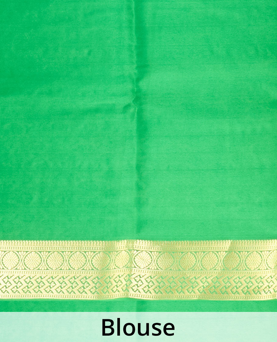 Lemon yellow zari buttas Mysore silk saree, contrast traditional zari border & intricately zari woven pallu
