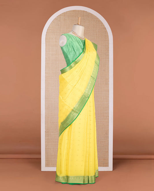 Lemon yellow zari buttas Mysore silk saree, contrast traditional zari border & intricately zari woven pallu