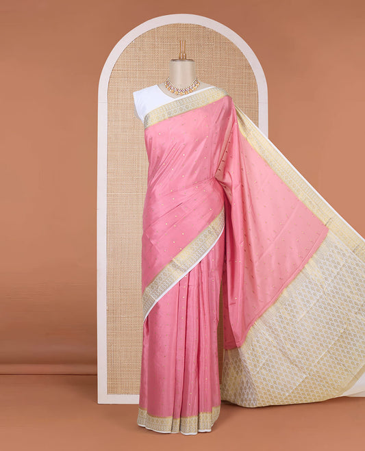 Flamingo pink zari buttas Mysore silk saree, contrast traditional zari border & intricately zari woven pallu