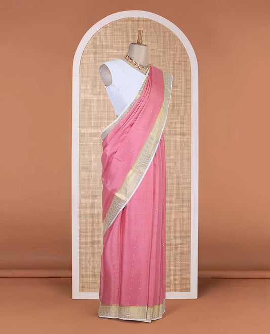 Flamingo pink zari buttas Mysore silk saree, contrast traditional zari border & intricately zari woven pallu