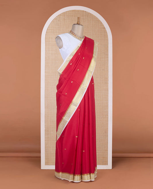 Cherry red zari buttas Mysore silk saree, contrast temple paisley zari border & zig-zag stripes woven pallu