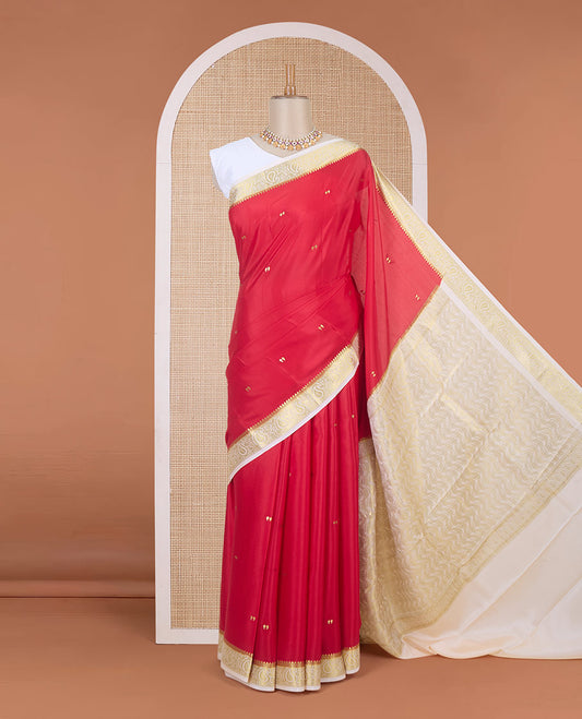 Cherry red zari buttas Mysore silk saree, contrast temple paisley zari border & zig-zag stripes woven pallu