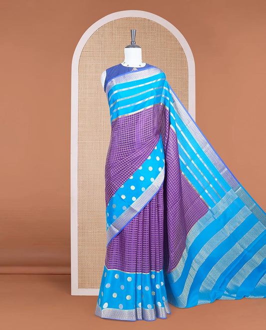 Purple zari checked Mysore silk saree with contrast traditional zari woven borders of chakra motifs, and pallu of zari geometric designs