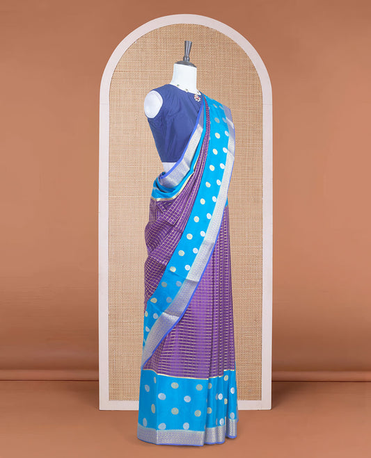 Purple zari checked Mysore silk saree with contrast traditional zari woven borders of chakra motifs, and pallu of zari geometric designs