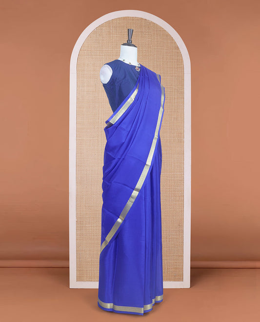 Royal blue plain body Mysore silk saree with traditional zari borders and zari woven stripes
