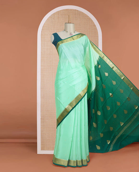 Green zari buttas woven Mysore silk saree, contrast zari paisley motifs woven border, and intricate pallu