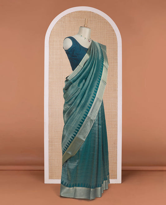 Green zari-woven geometric patterns steeped Mysore silk saree, temple traditional zari border, and jaal pallu