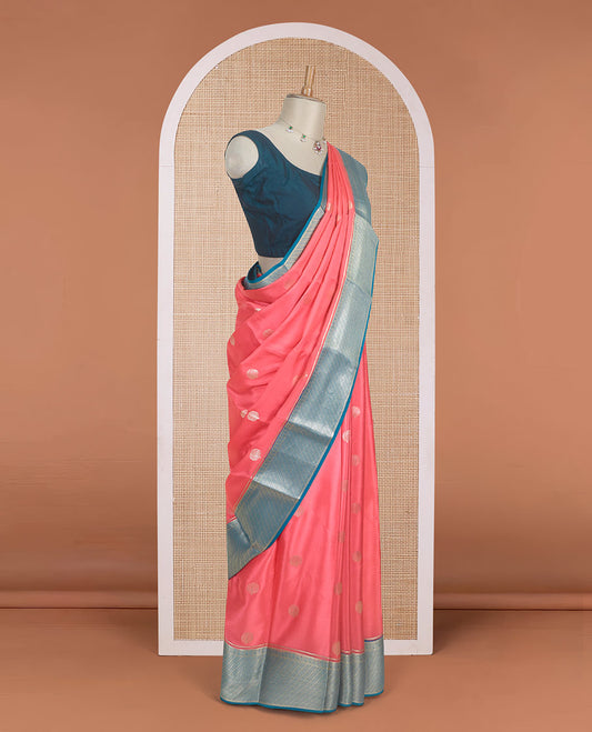 Pink tree zari buttas Mysore silk saree, contrast blue traditional zari motifs woven border, and jaal pallu