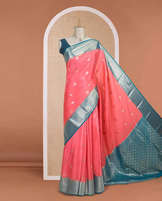 Pink tree zari buttas Mysore silk saree, contrast blue traditional zari motifs woven border, and jaal pallu