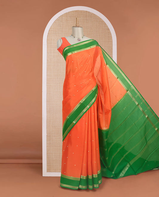 Fanta orange zari buttas woven mysore silk saree, contrast rettai pettu traditional zari border, and zari seer striped pallu