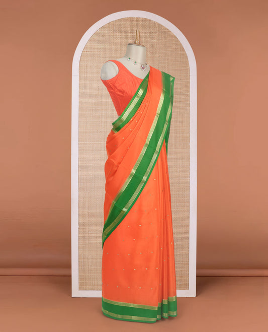 Fanta orange zari buttas woven mysore silk saree, contrast rettai pettu traditional zari border, and zari seer striped pallu