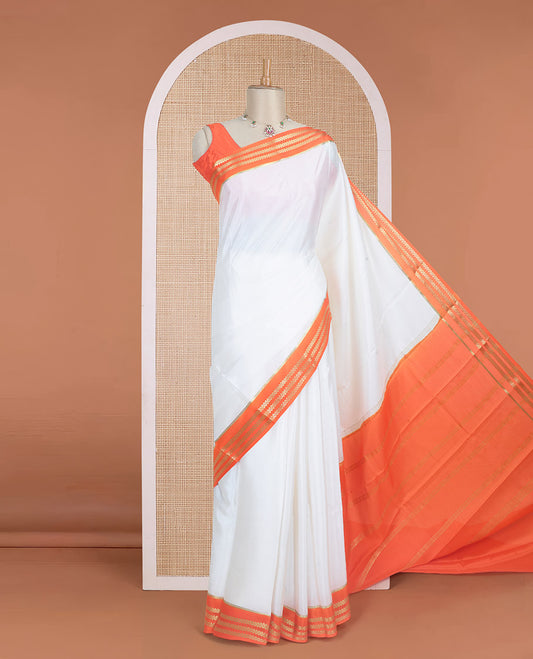 White plain design Mysore silk saree with contrast rettai pettu borders of zari designs, and zari striped pallu