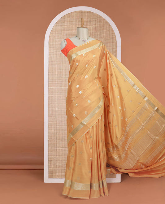 Sandal zari elephant motifs Mysore silk saree, traditional zari design border, and thick zari striped pallu