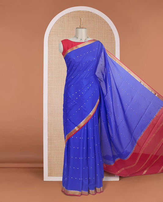 Royal blue zari buttas Mysore silk saree, contrast traditional design zari border, and zari striped pallu