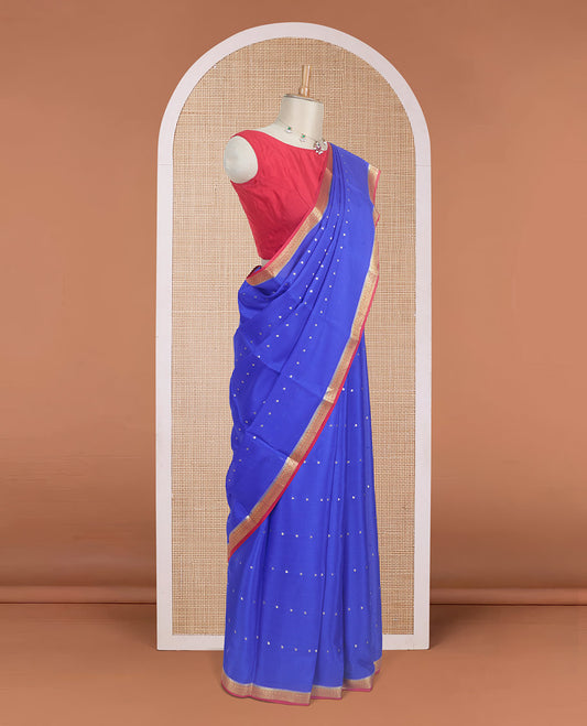 Royal blue zari buttas Mysore silk saree, contrast traditional design zari border, and zari striped pallu