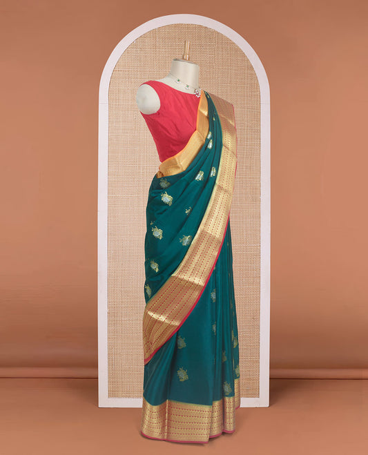 Green floral zari buttas Mysore silk saree, contrast traditional design zari border, and diagonal striped pallu