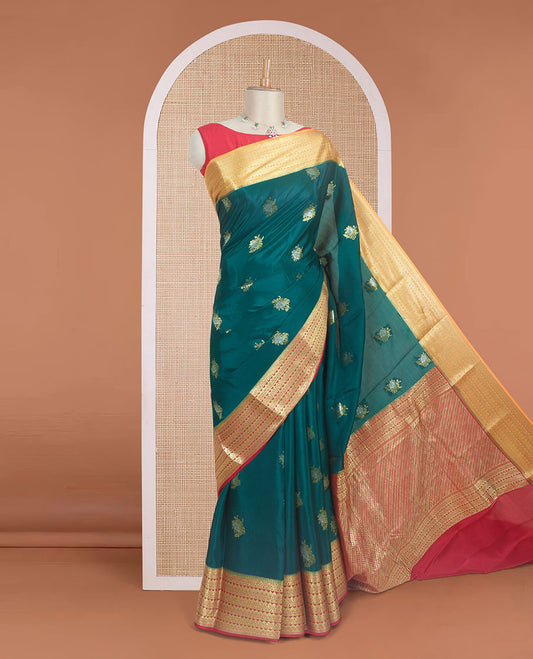 Green floral zari buttas Mysore silk saree, contrast traditional design zari border, and diagonal striped pallu