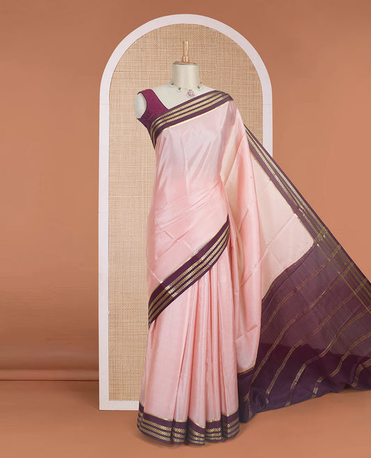 Peach plain design Mysore silk saree with contrast rettai pettu borders of zari designs, and zari striped pallu