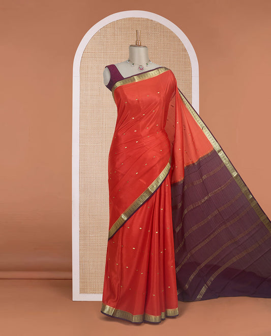 Orange zari buttas Mysore silk saree, contrast traditional design zari border, and zari striped pallu