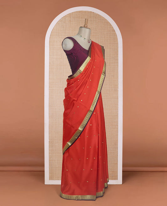 Orange zari buttas Mysore silk saree, contrast traditional design zari border, and zari striped pallu
