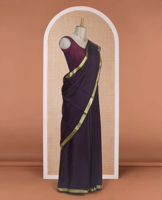 Dark chocolate plain Mysore silk saree, traditional zari design border & zari striped pallu