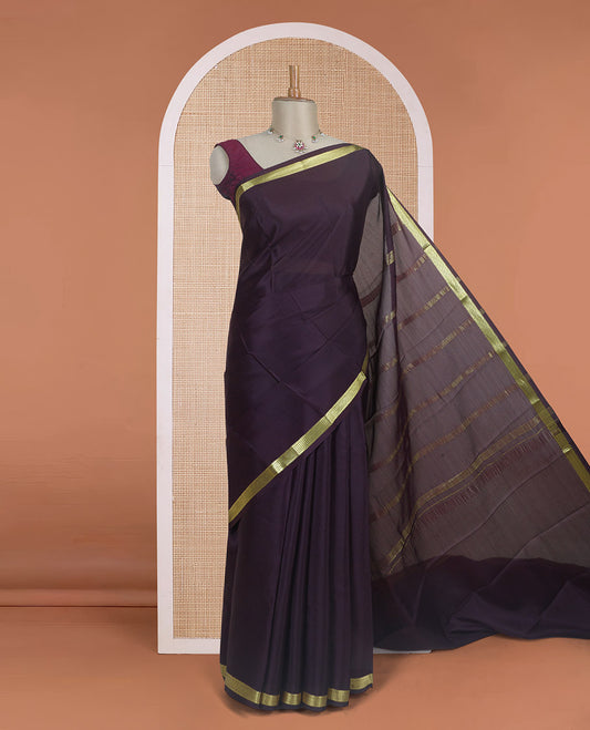 Dark chocolate plain Mysore silk saree, traditional zari design border & zari striped pallu