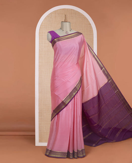 Peach plain Mysore silk saree with contrast geometric zari design borders and pallu of zari seer lines