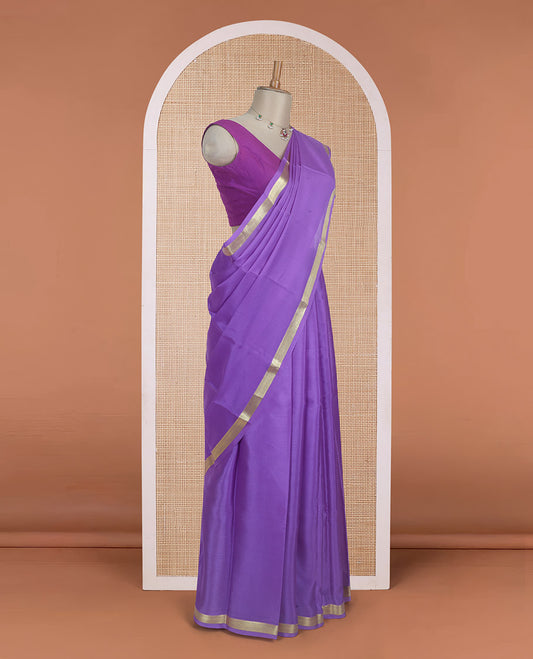 Purple plain Mysore silk saree with traditional zari design borders and pallu of zari seer lines