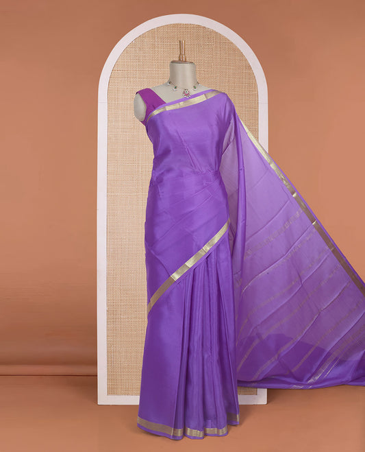 Purple plain Mysore silk saree with traditional zari design borders and pallu of zari seer lines