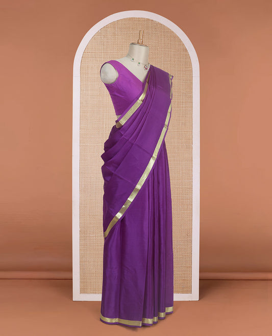 Eggplant purple plain Mysore silk saree, traditional zari design border & zari striped pallu