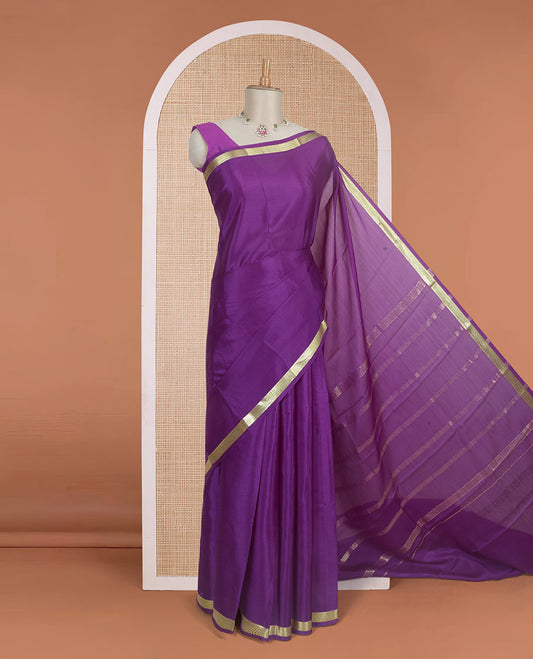 Eggplant purple plain Mysore silk saree, traditional zari design border & zari striped pallu