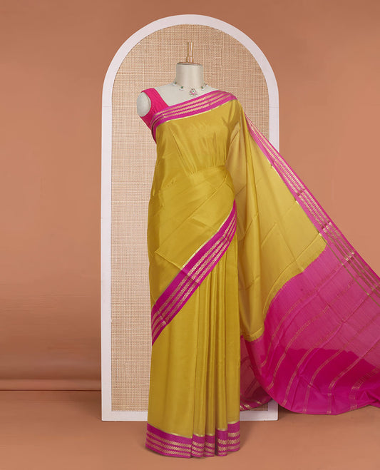 Mustard plain design Mysore silk saree with contrast rettai pettu borders of zari designs, and zari striped pallu