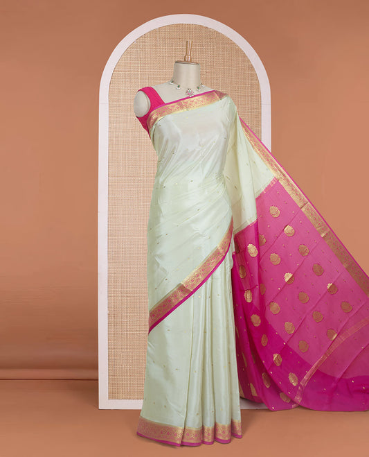 Sandal tiny zari buttas Mysore silk saree, contrast paisley design zari border, and pallu of zari designs