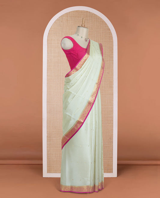 Sandal tiny zari buttas Mysore silk saree, contrast paisley design zari border, and pallu of zari designs