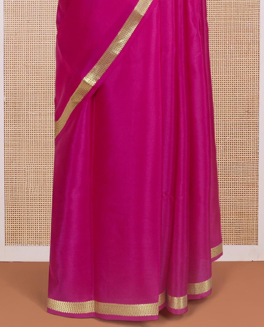 Dark rani pink plain design Mysore silk saree with traditional zari design borders, and zari striped pallu