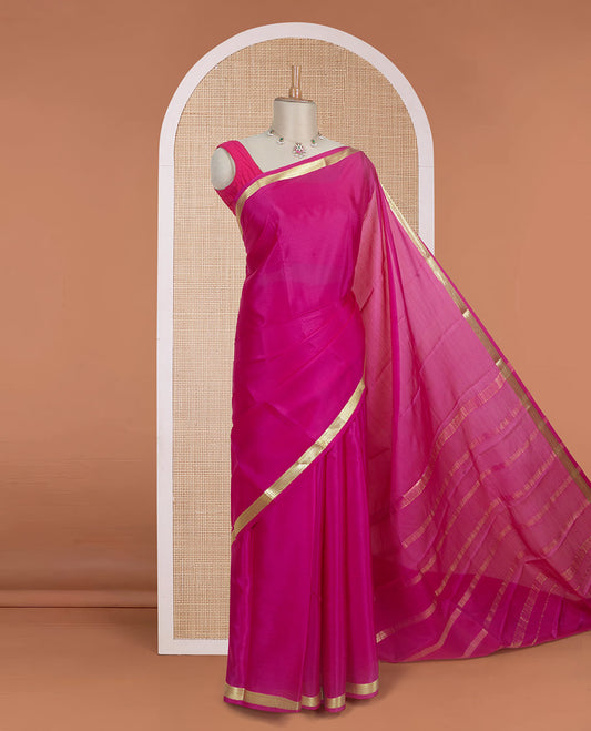 Dark rani pink plain design Mysore silk saree with traditional zari design borders, and zari striped pallu