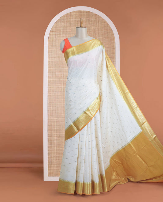 Cream zari buttas Mysore silk saree, contrast floral creeper zari designs, and zari woven pallu