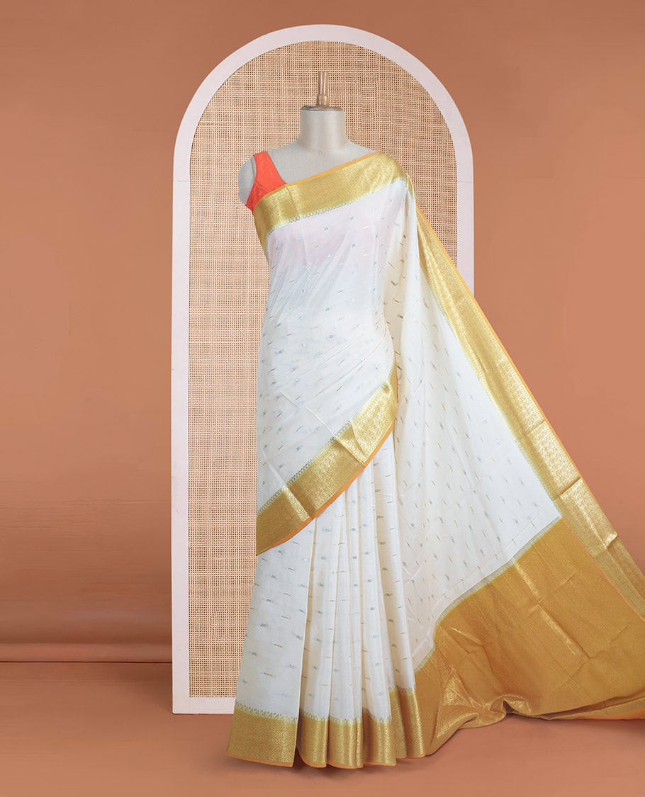 Cream zari buttas Mysore silk saree, contrast floral creeper zari designs, and zari woven pallu