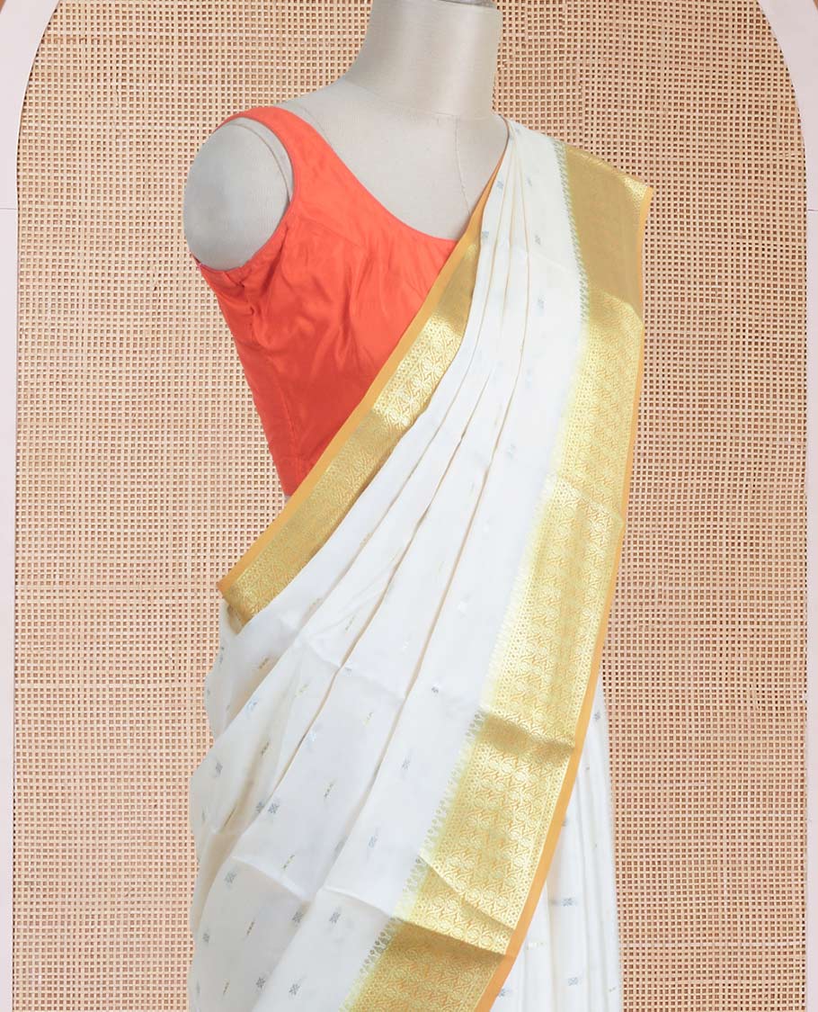 Cream zari buttas Mysore silk saree, contrast floral creeper zari designs, and zari woven pallu
