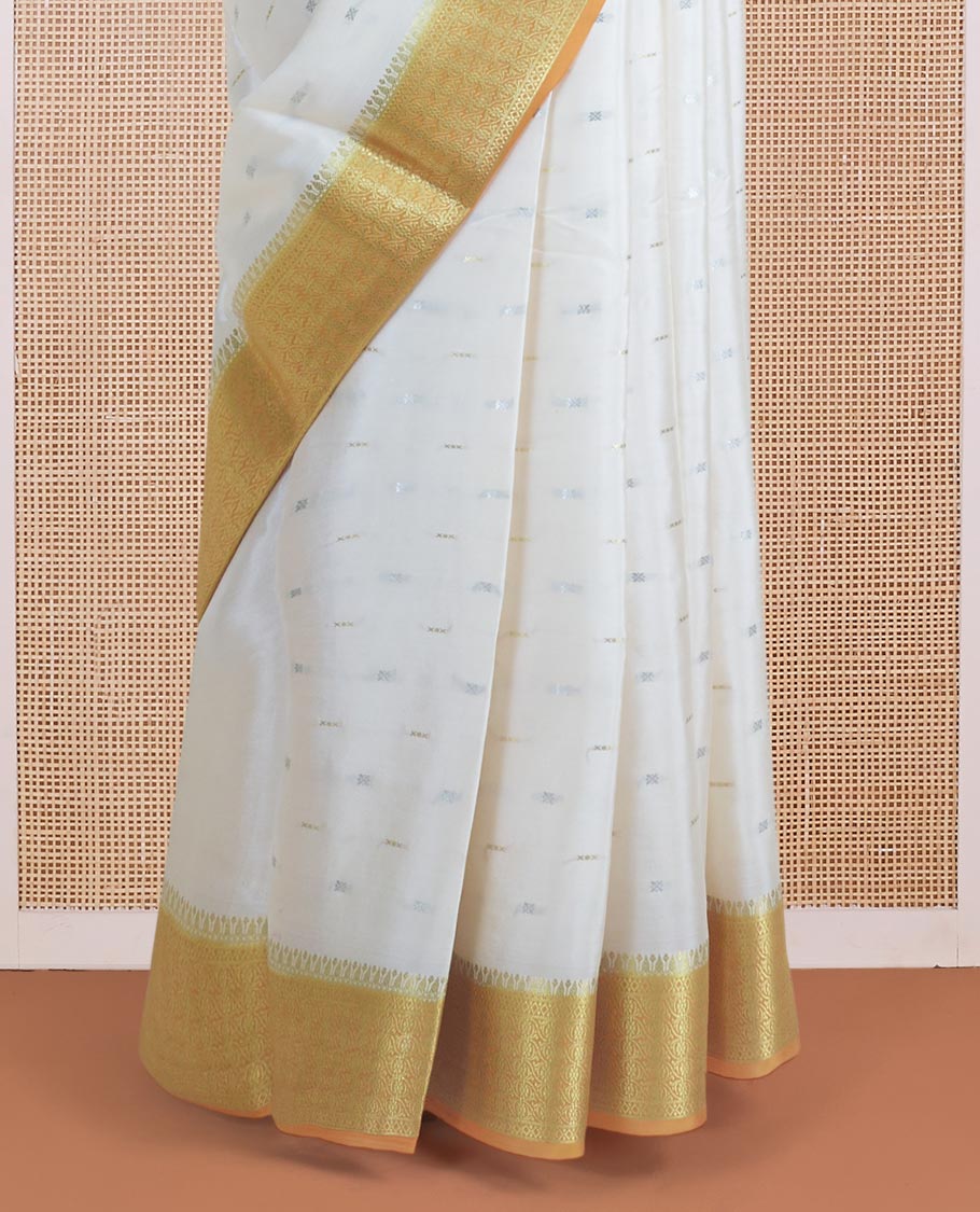 Cream zari buttas Mysore silk saree, contrast floral creeper zari designs, and zari woven pallu