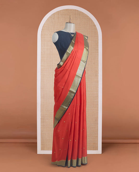 Dark orange zari buttas Mysore silk saree, contrast jaal zari border, and jaal zari-rich pallu
