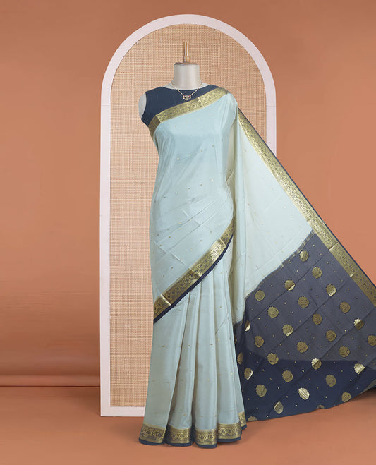 Cement grey zari buttas Mysore silk saree, contrast manga zari border, and intricate pallu