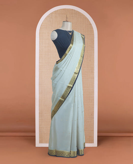 Cement grey zari buttas Mysore silk saree, contrast manga zari border, and intricate pallu