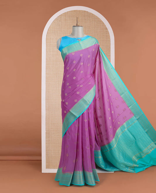 Pink diamond Zari buttas Mysore silk saree, contrast traditional zari border, and gleaming zari woven jaal pallu