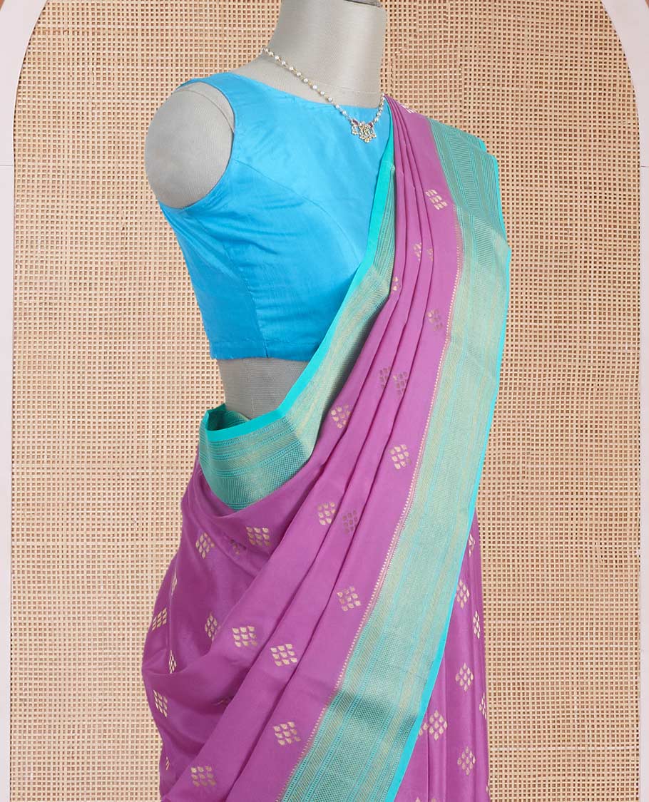 Pink diamond Zari buttas Mysore silk saree, contrast traditional zari border, and gleaming zari woven jaal pallu