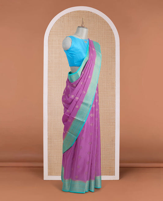 Pink diamond Zari buttas Mysore silk saree, contrast traditional zari border, and gleaming zari woven jaal pallu