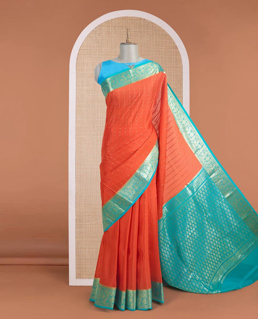 Orange zari buttas Mysore silk saree, contrast traditional zari border, and jaal pallu