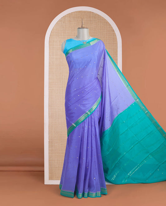 Violet tiny zari buttas Mysore silk saree, contrast traditional zari border, and zari striped pallu
